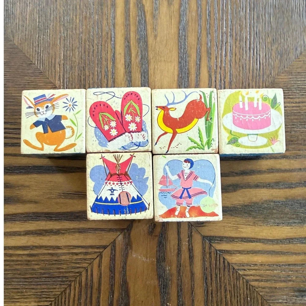 Vintage Wood Alphabet Blocks Set of 6 - 1950s Picture Cube Toys - Nursery Decor